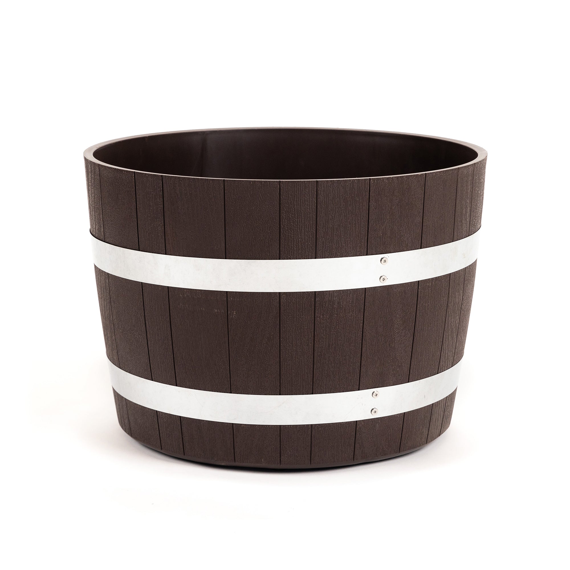 18 inch planter pot RTS Home Accents 100% Recycled Polyethylene 18 inch Heavy Duty Better Barrel Planter With Rusting Steel Bands, Walnut Color