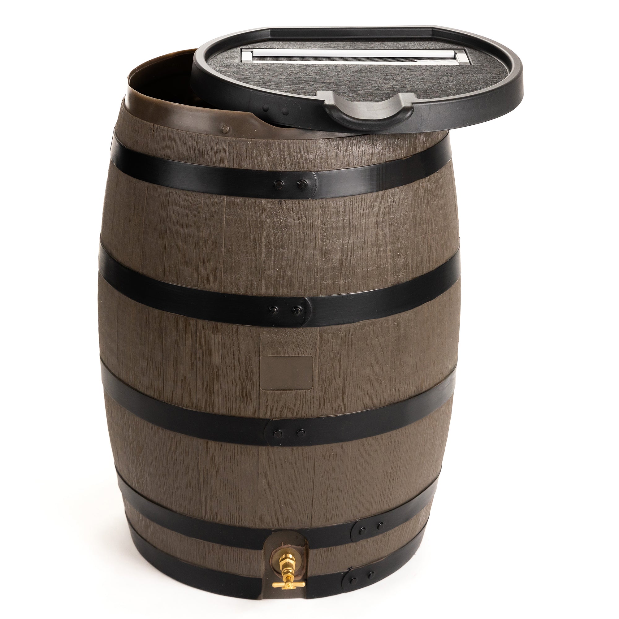 55 Gallon Premium Flat Back Rain Barrel with Removable Lid - Woodgrain with Black Stripes