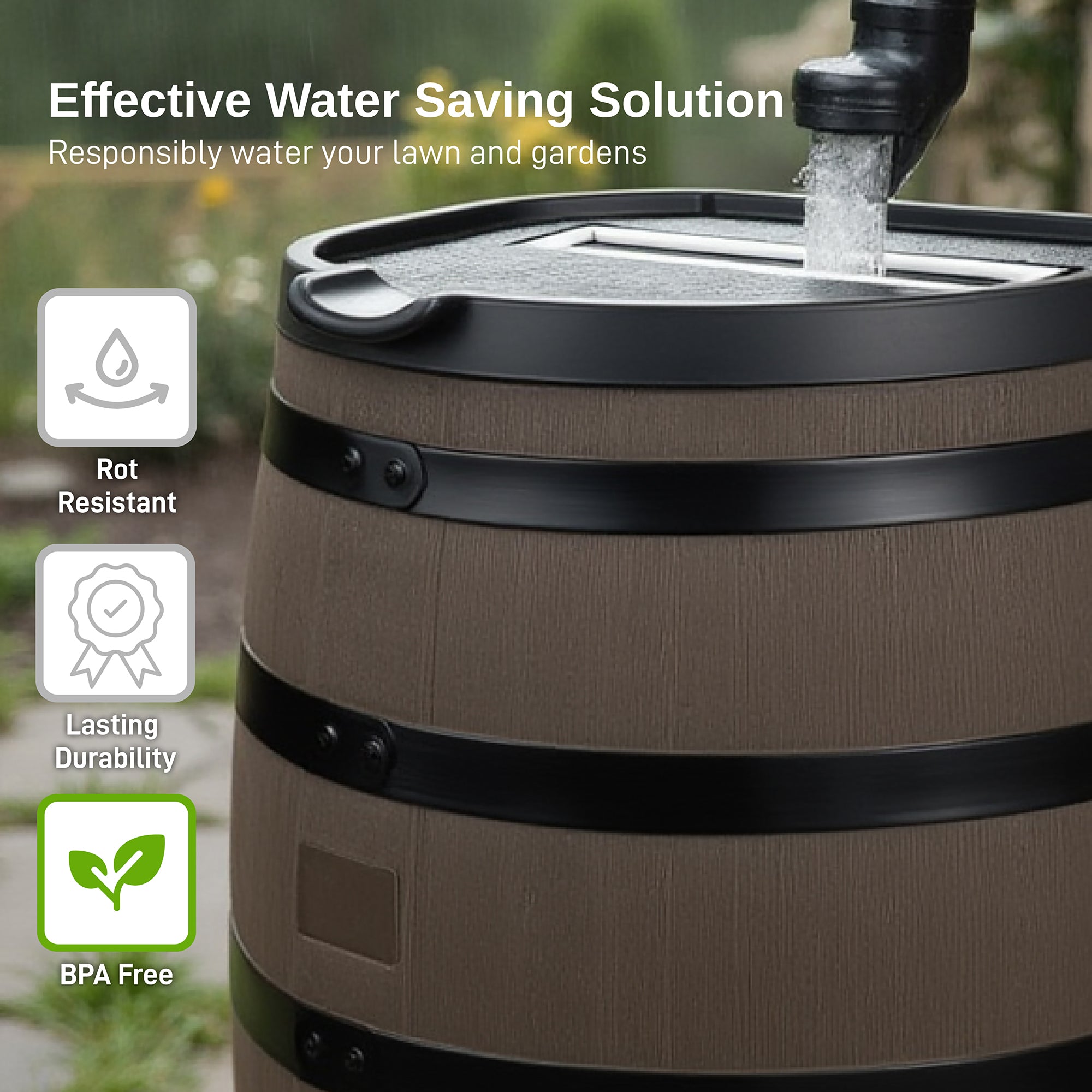 55 Gallon Premium Flat Back Rain Barrel with Removable Lid - Woodgrain with Black Stripes