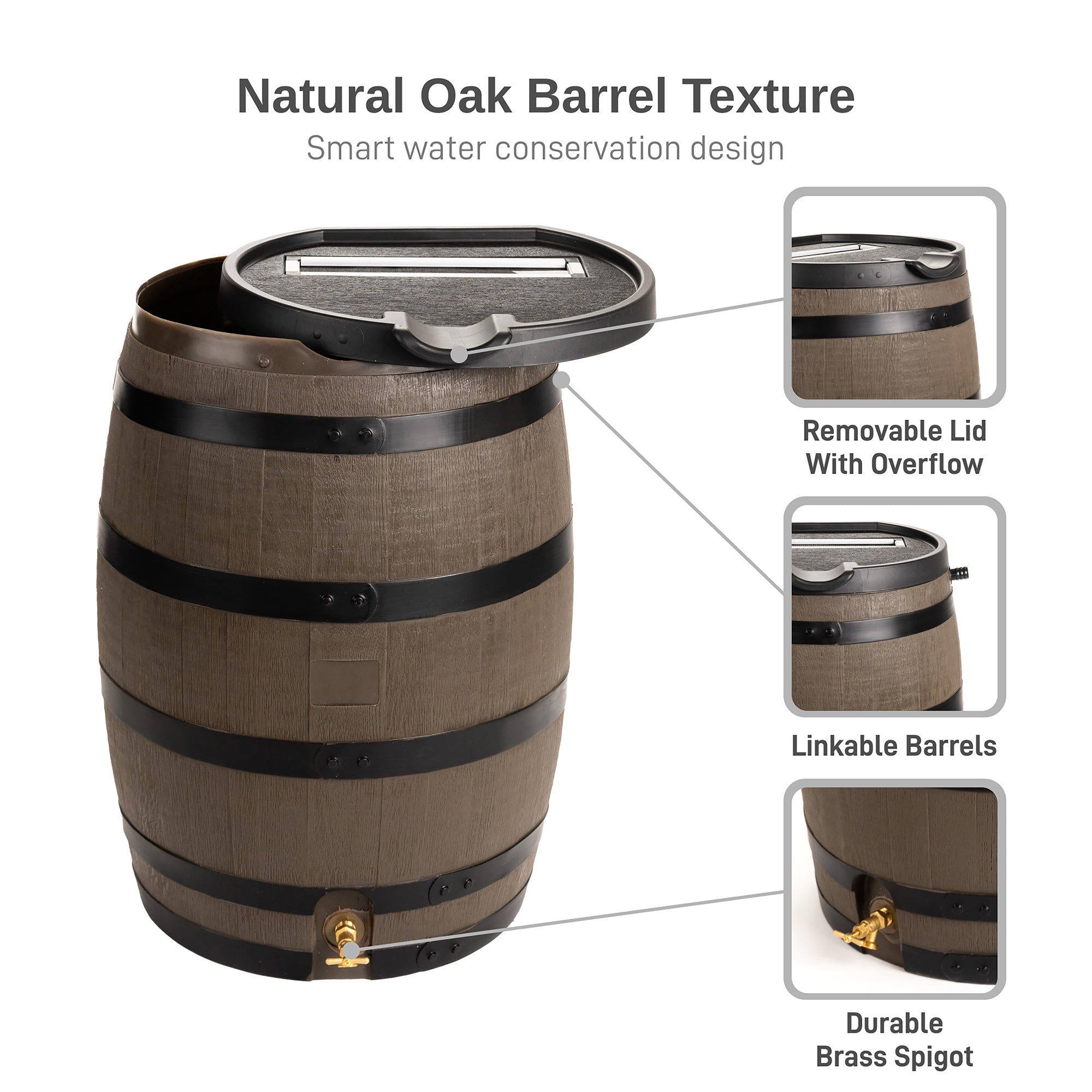 55 Gallon Premium Flat Back Rain Barrel with Removable Lid - Woodgrain with Black Stripes