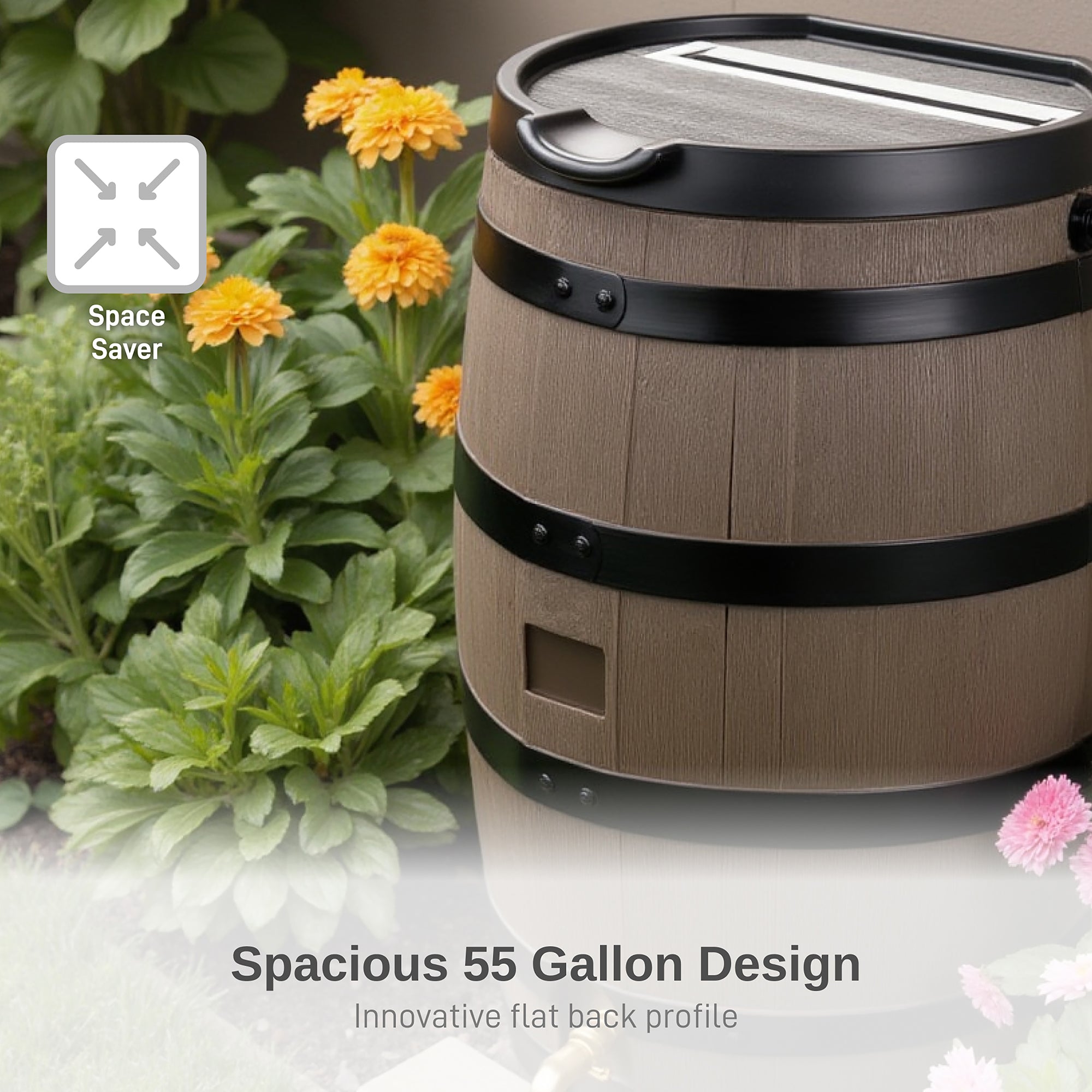 55 Gallon Premium Flat Back Rain Barrel with Removable Lid - Woodgrain with Black Stripes