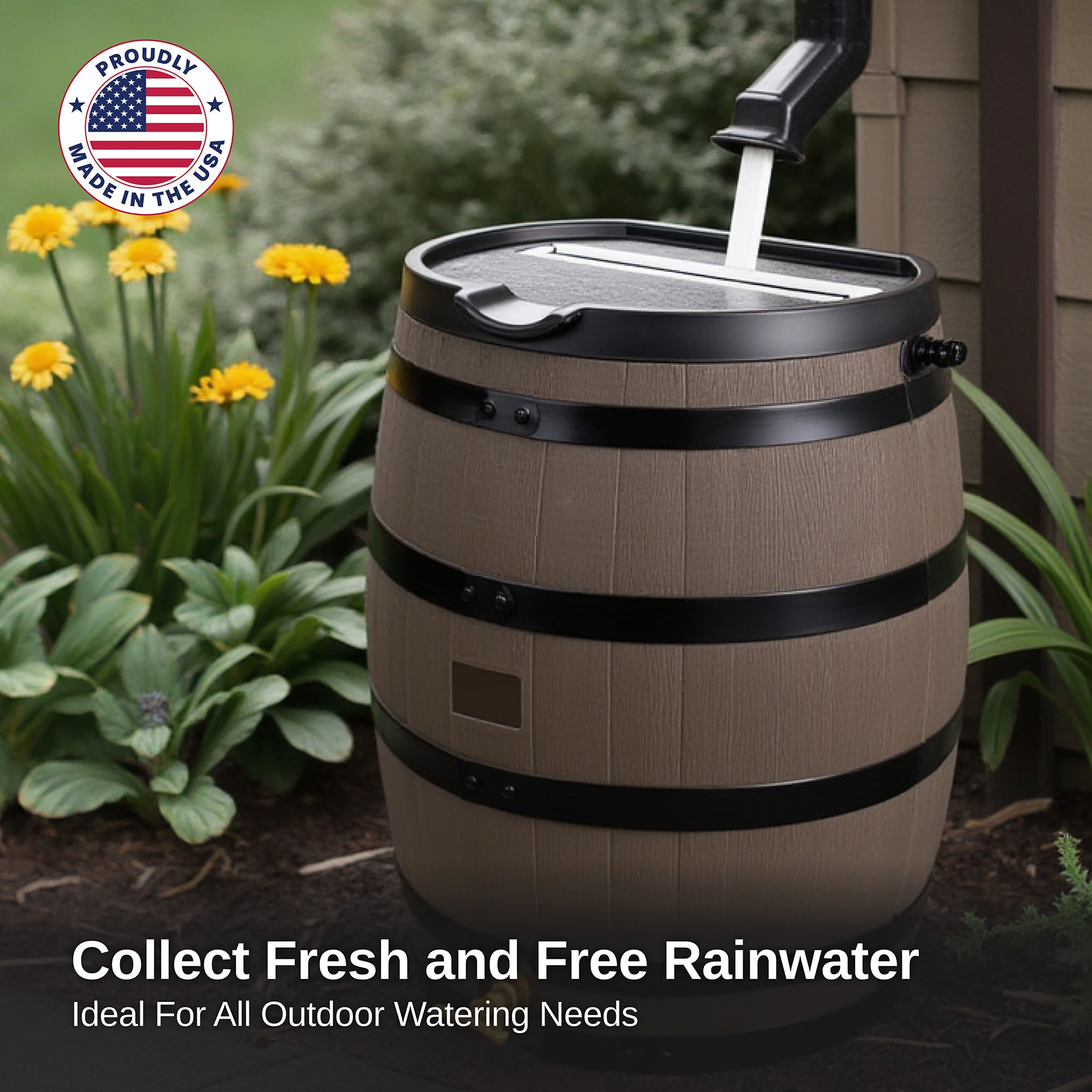 55 Gallon Premium Flat Back Rain Barrel with Removable Lid - Woodgrain with Black Stripes