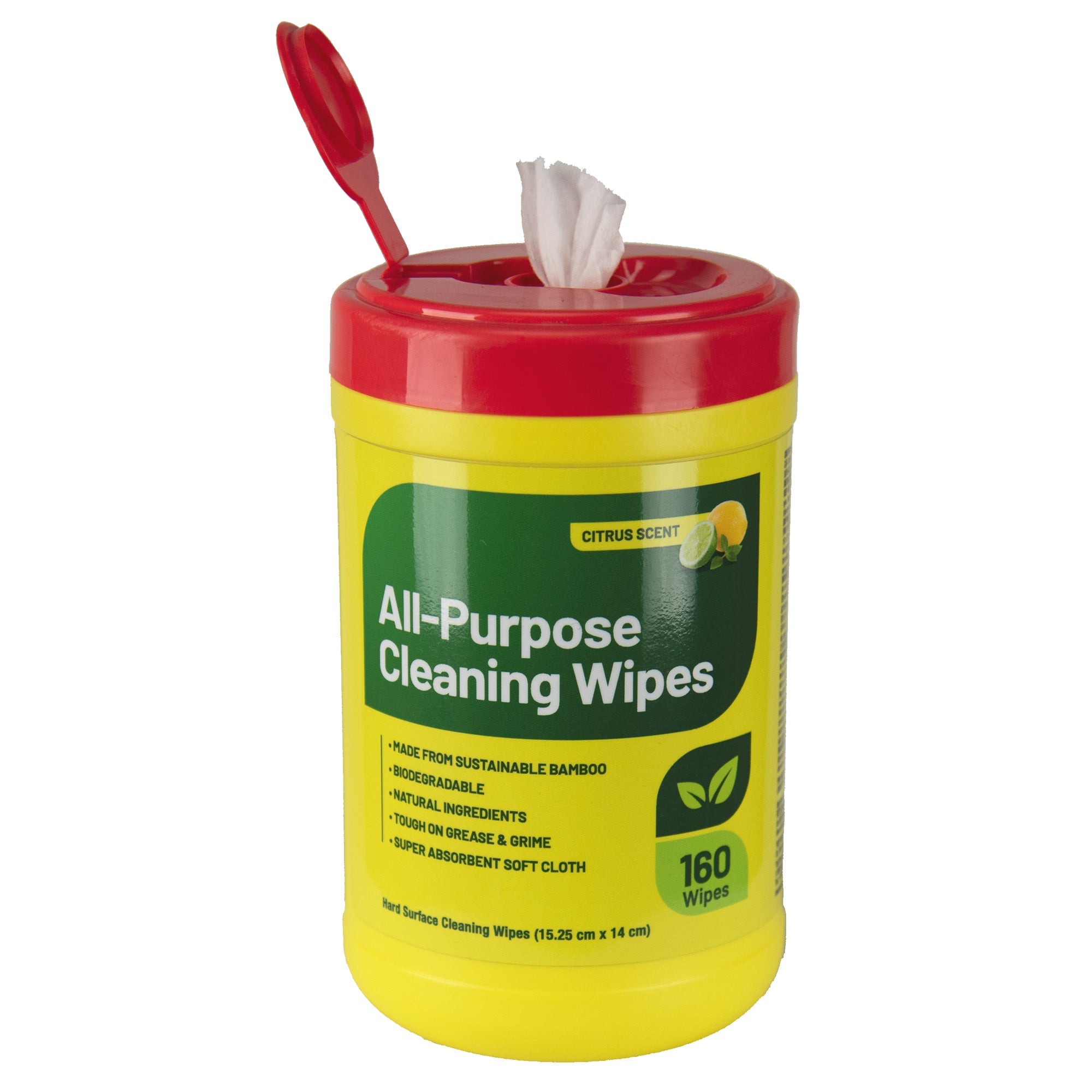 All-Purpose Cleaning Wipes, canister of 160 wipes with the lid open and one wipe sticking out the top on a white background
