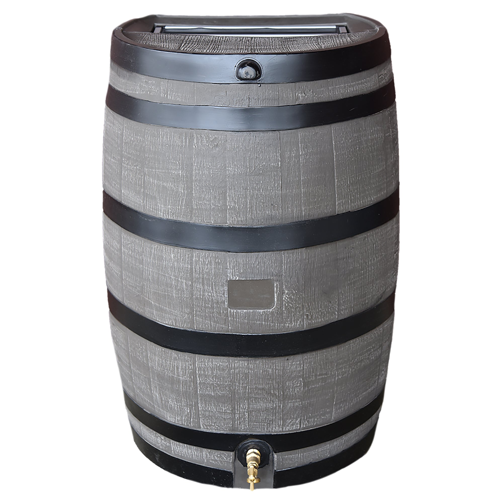 brown with black stripe flat back rain barrel on a white background