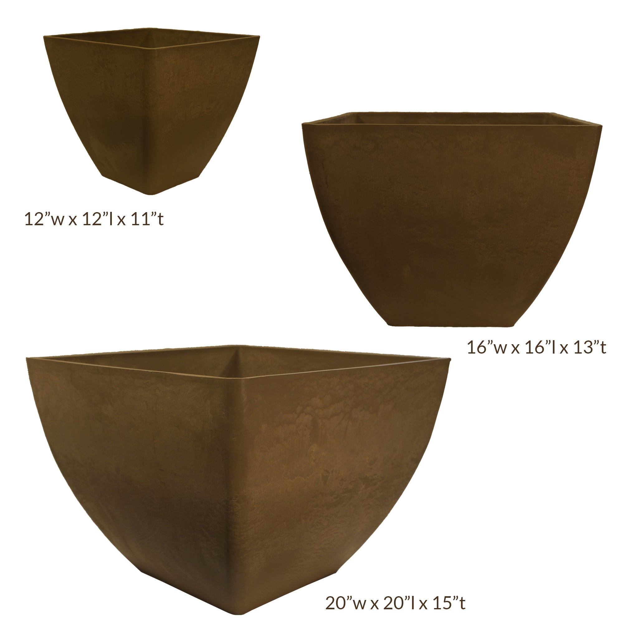 12 inch, 16 inch and 20 inch square planters in oak with measurements on a white background