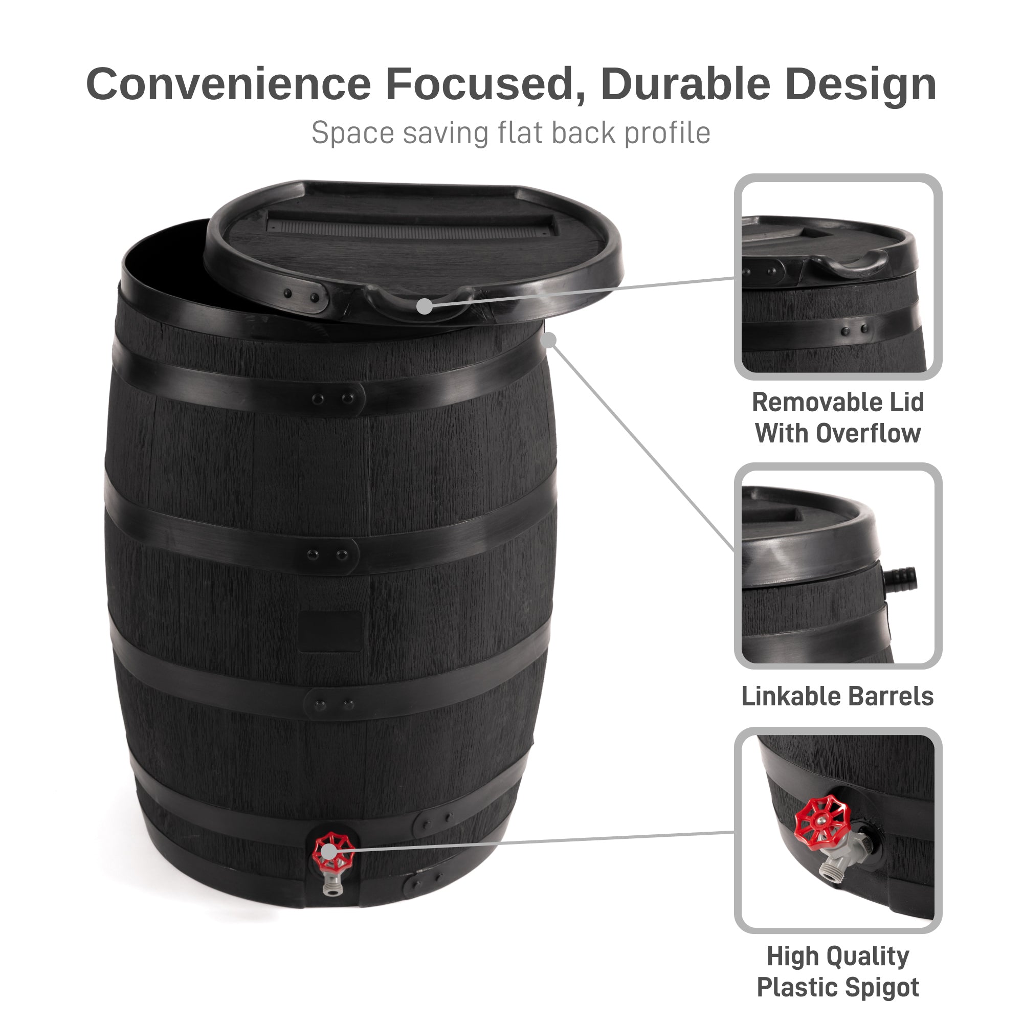 55 Gallon Premium Eco Flat Back Rain Barrel with Removable Lid