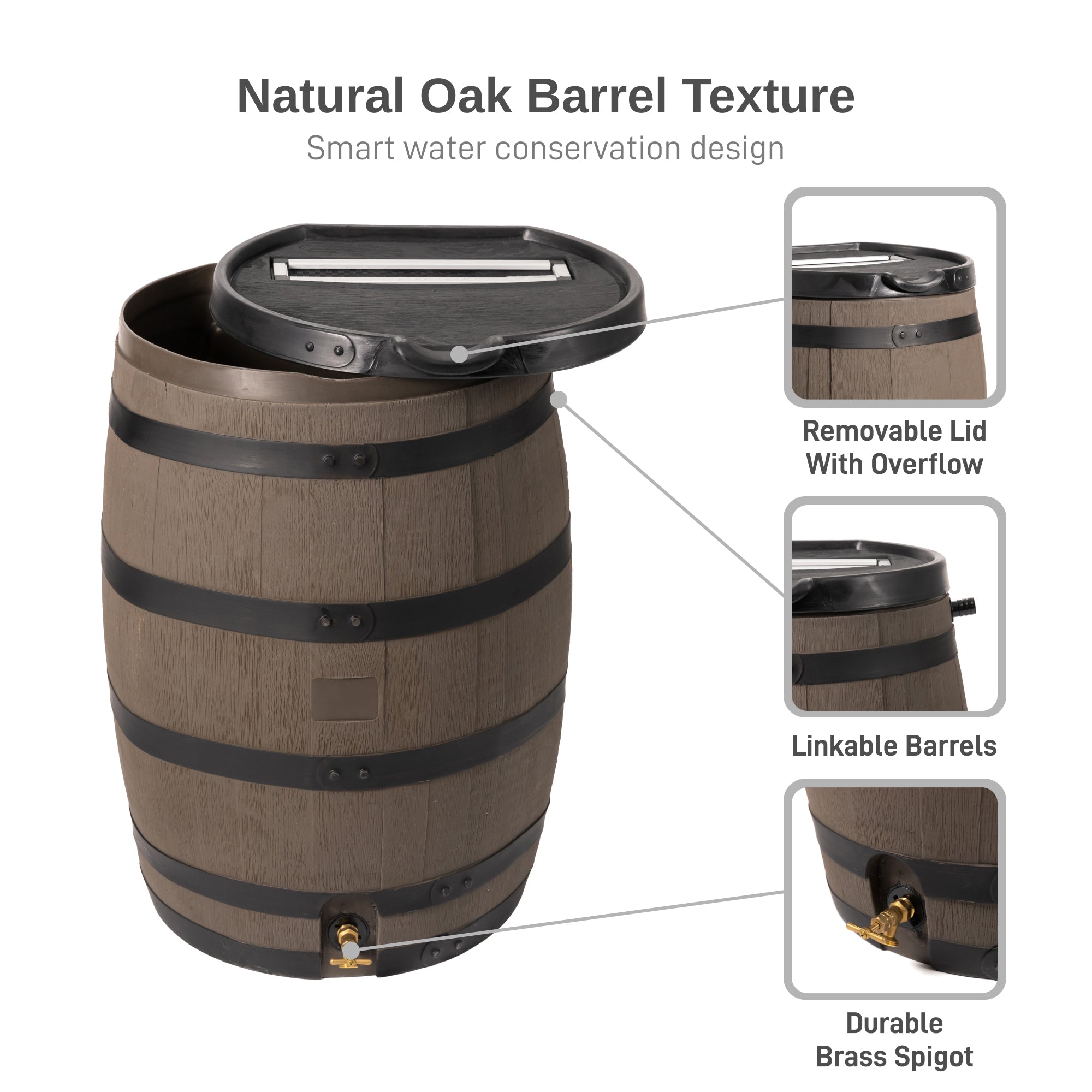 55 Gallon Premium Flat Back Rain Barrel with Removable Lid - Woodgrain with Black Stripes