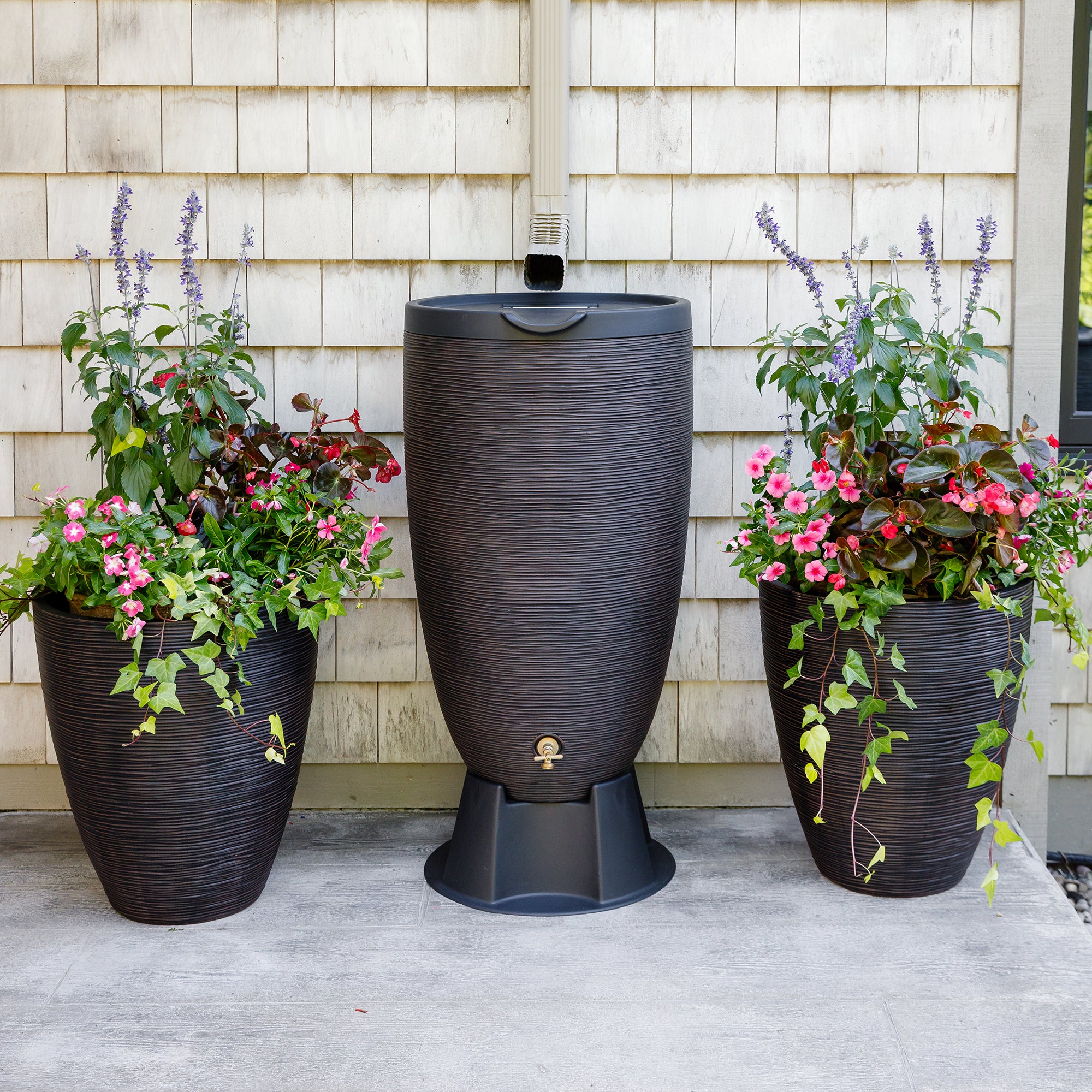 50 Gallon Newport Rain Barrel, Rain Barrel Stand and Planter Bundle