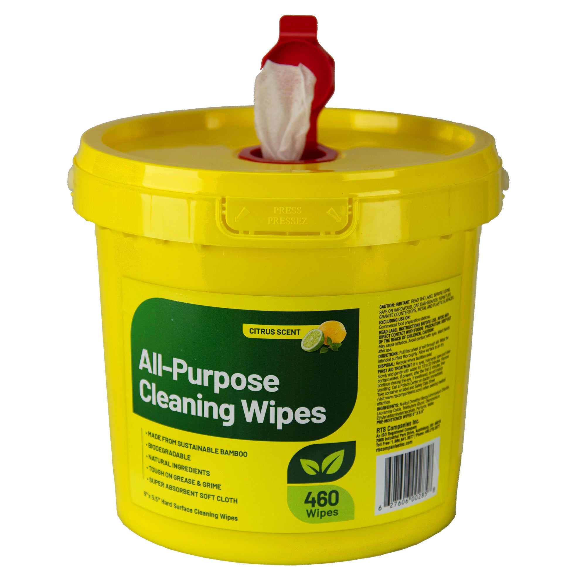 All-Purpose Cleaning Wipes, yellow bucket of 460 wipes with one wipe sticking out the top on a white background