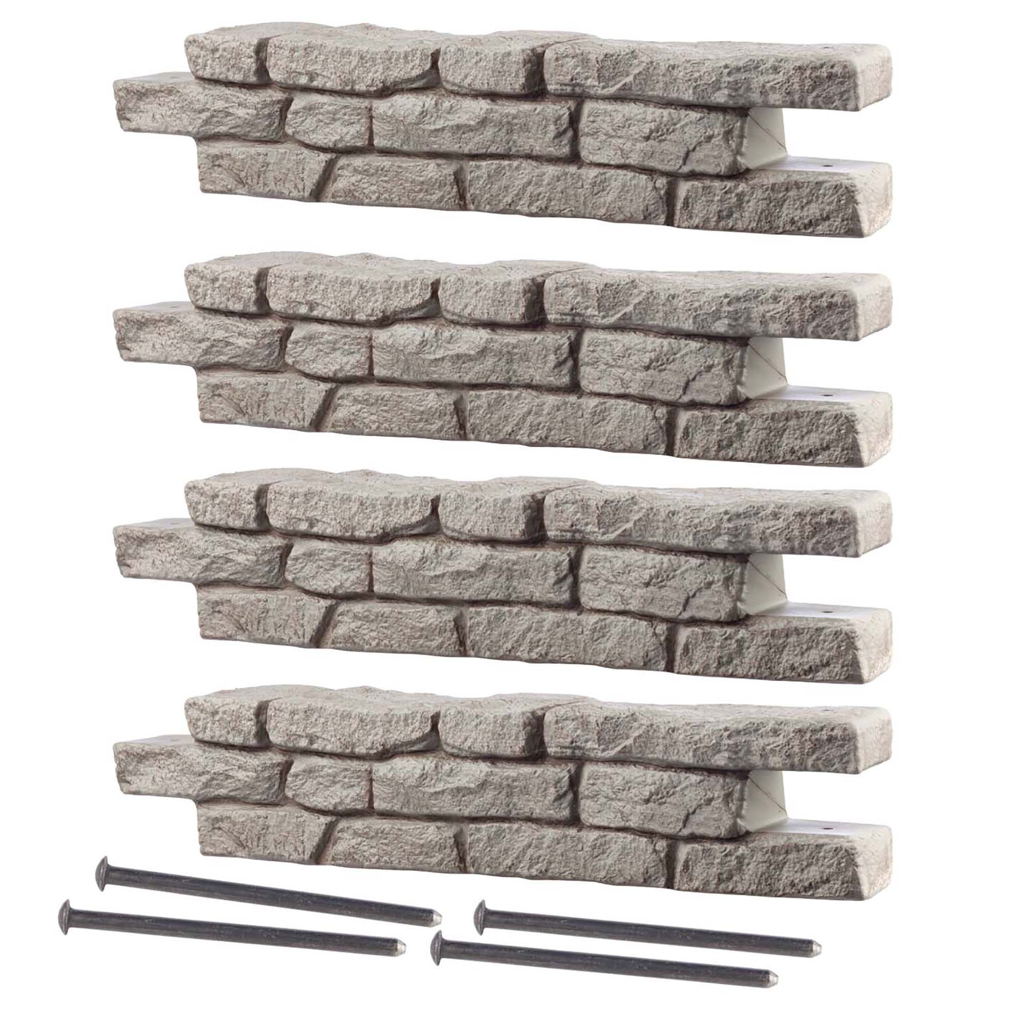 Four straight pieces of rock lock and four 18 inch spikes on a white background