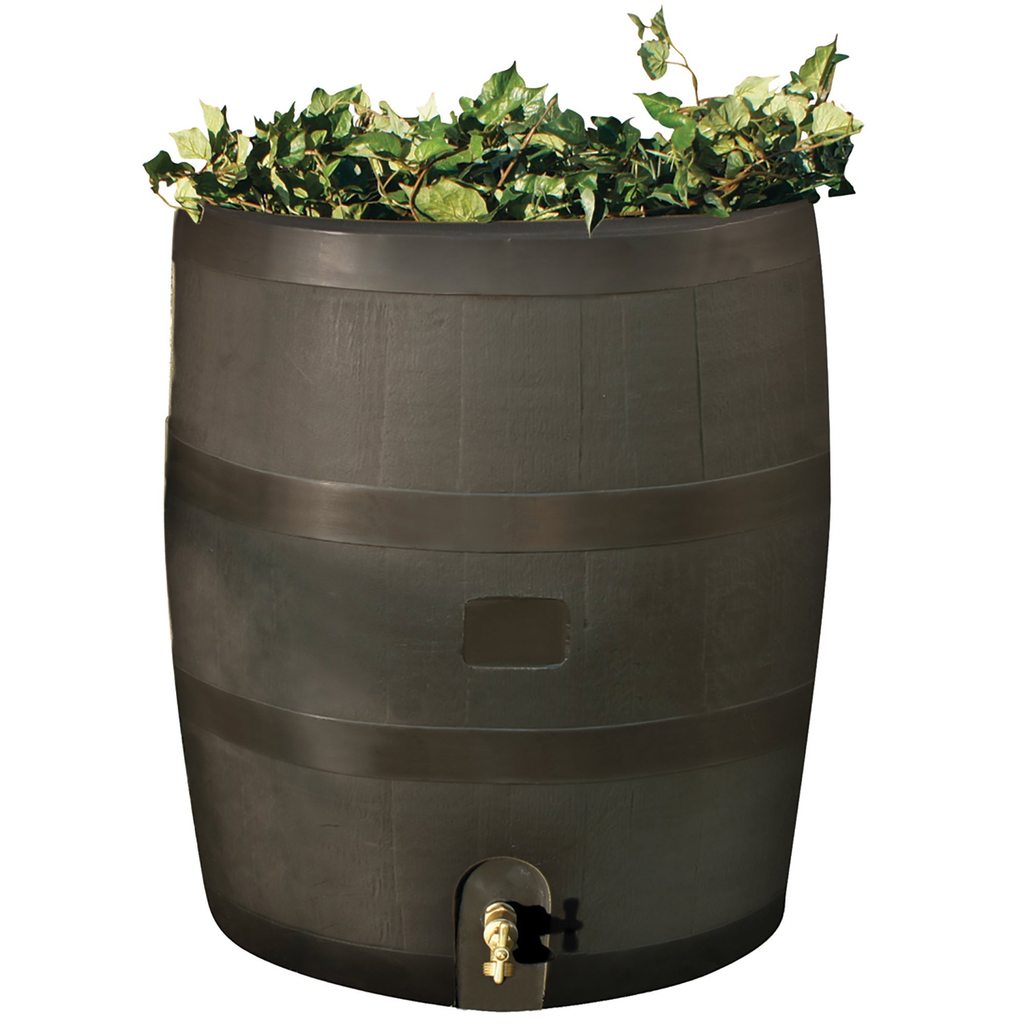 Brown round rain barrel with planter on white background