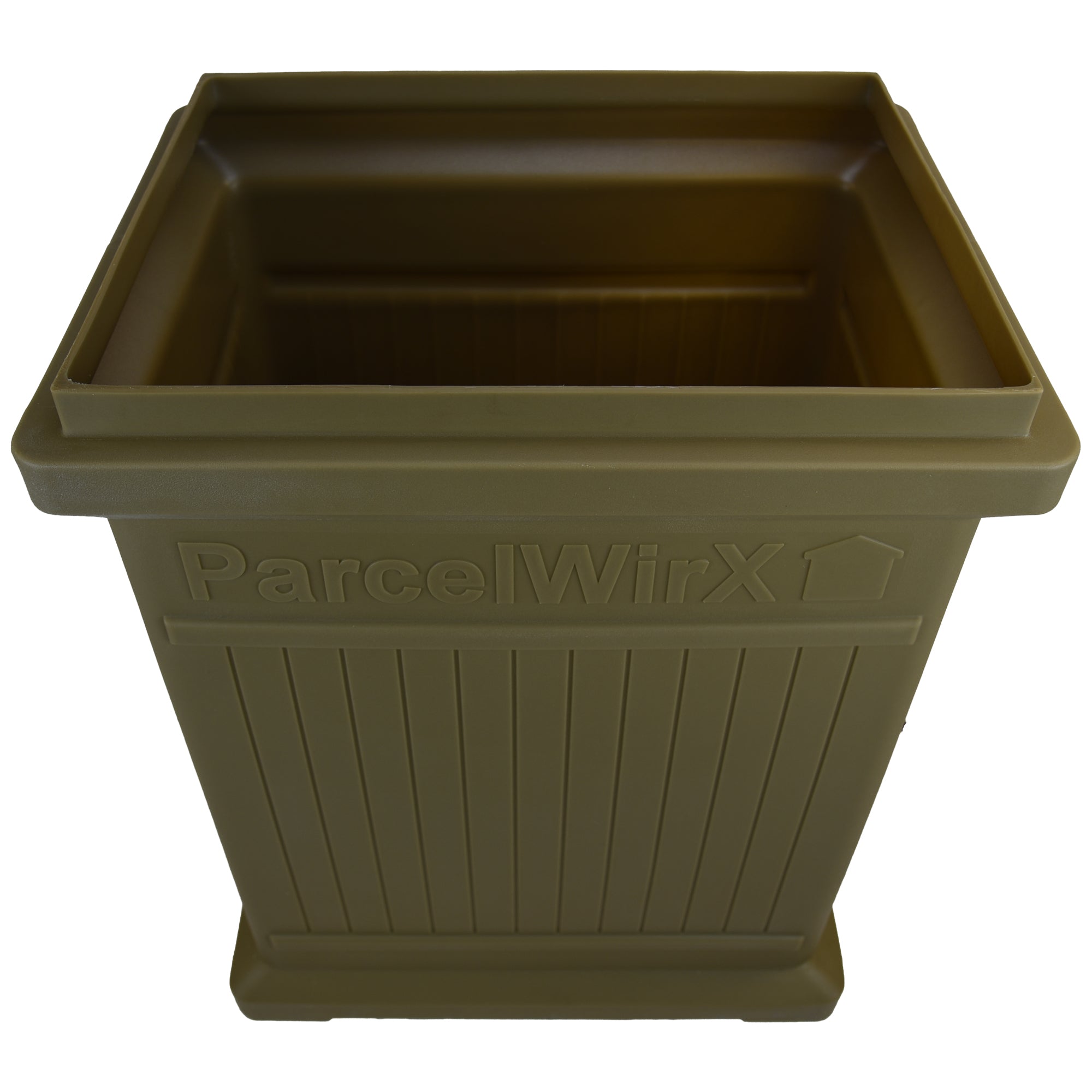 ParcelWirx Standard vertical dropbox in oak from the top with lid off, on white background